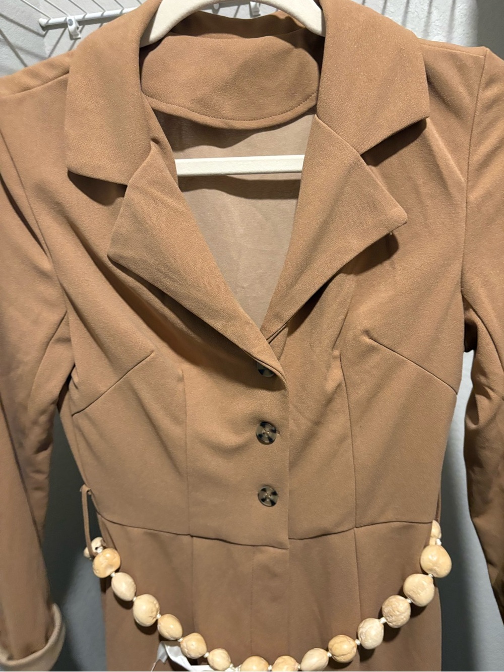 Women Long Sleeve Camel jumpsuit with Tailored Collar and optional belt size xs - Picture 5 of 11